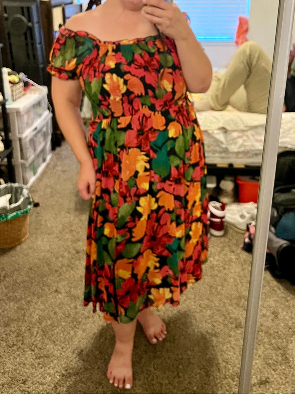 Siren Lily Off-Shoulder Floral Midi Dress in Red, Orange & Green